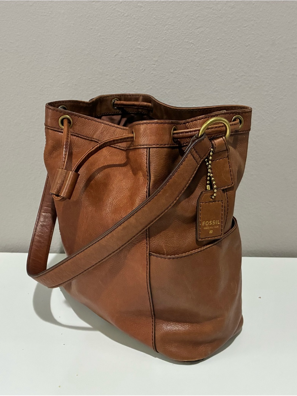 Fossil Women's Brown Leather Drawstring Bucket Bag